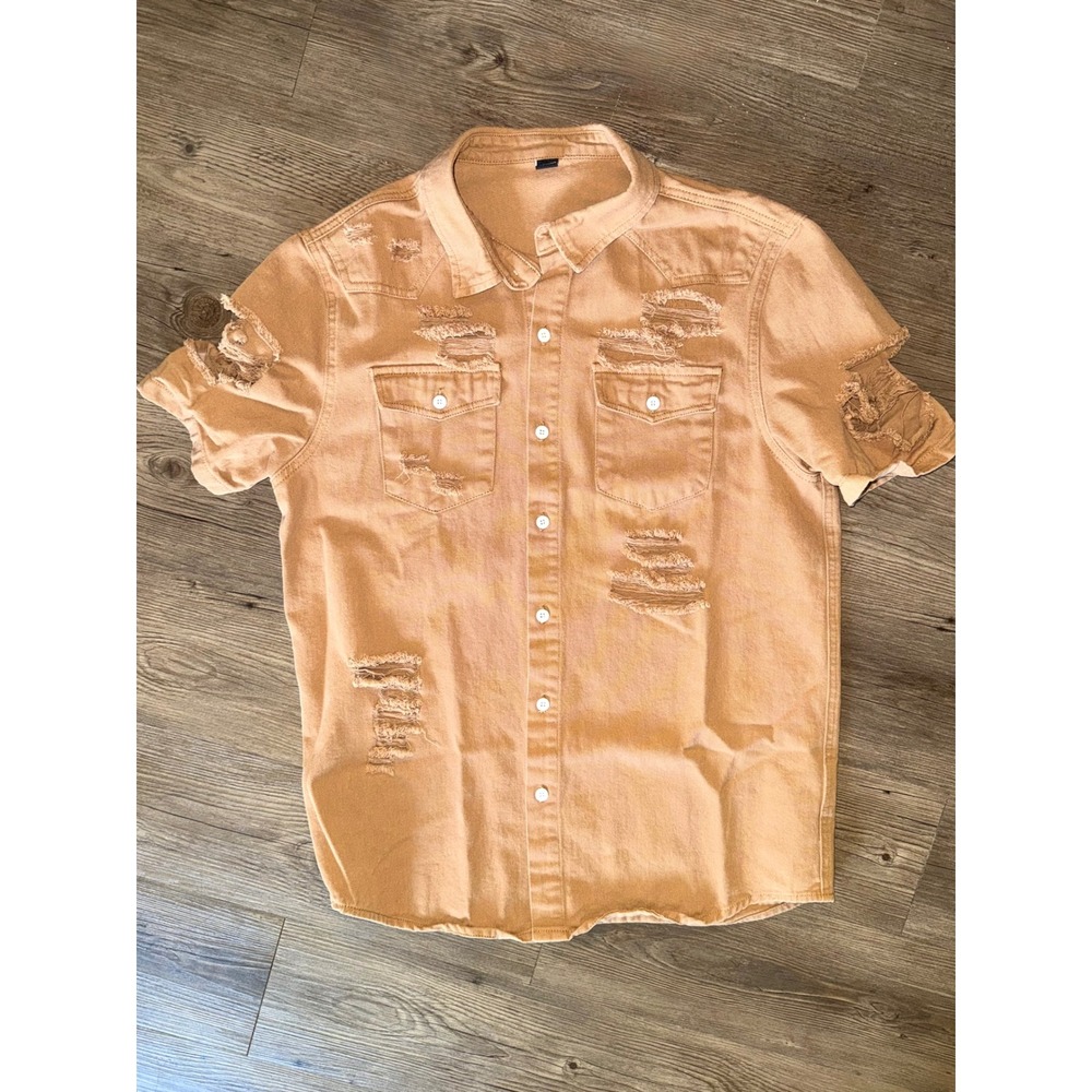 Manfinity Mens Distressed Short Sleeve Button Up Shirt Tan Cotton Denim Size L